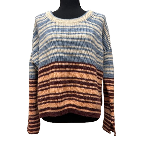 Cinq à Sept Malia Striped Colorblock Cropped Sweater Blue Peach Wool Medium - Picture 4 of 7